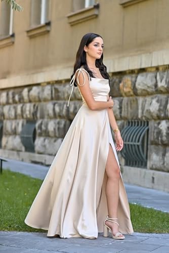 POMUYOO Spaghetti Straps Satin Bridesmaid Dresses for Women Cowl Neck Long A-Line Formal Gowns with Pockets3