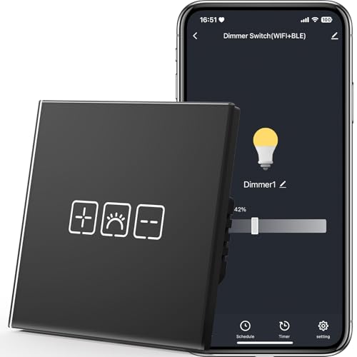 MVAVA Interruptor Regulador de Intensidad,Interruptores Tactil Con Cristal,Compatible con Alexa/Tuya/Smart Life,Requiere Cable Neutro,Regulable 1 Gang 1 Vía,86mm Negro