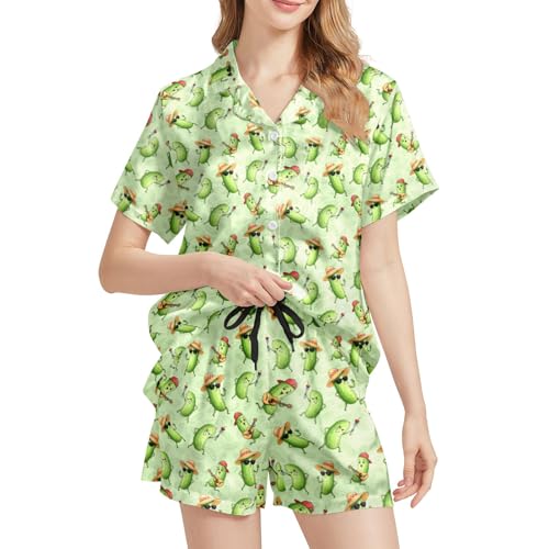Image of Funny Satin Pajamas Set for Women Button Down Sleepwear Print Pjs Set 2 Piece Short Sleeve Loungewear Gift for Women