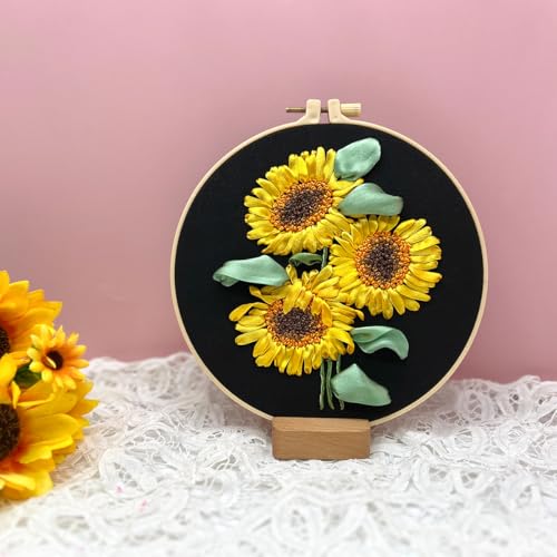 Image of FONNUY Ribbon Embroidery 3D Flowers Pattern Design Kit Embroidery DIY Handwork Set Oval Home Decoration (Sunflower)