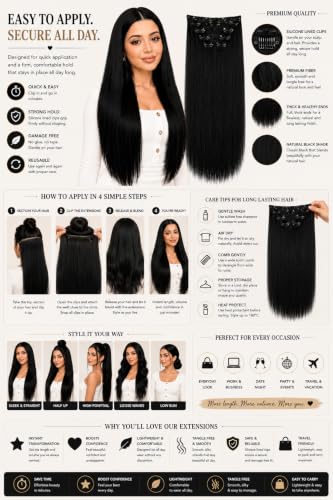 Image of Salon-Grade Clip-in Hair Extensions for Women, Imported Synthetic Hair, 6 PCS with 13 Secure Clips, Instant Volume, Natural Blend, Reusable Hair Volumizer (Black, Straight)