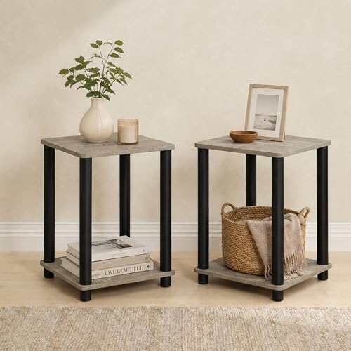 Image of Furinno Turn-N-Tube Toolless Assembly Side Table Set of 2, Stackable 2-Tier Grey End Table with Open Shelf, Night Stand, Bedside Table, for Living Room, Bedroom, Grey Oak