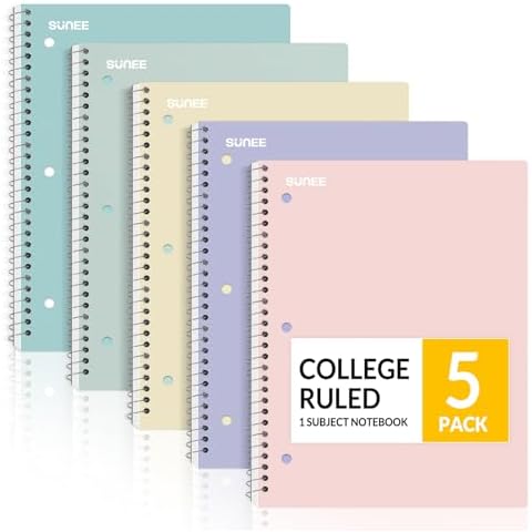 SUNEE Spiral Notebooks, 1-Subject, 5 Pack, College Ruled Paper, 8" x 10-1/2", 70 Sheets per Notebook,3-Hole Punched Paper, Pink,Purple, Blue, Green, Yellow Spiral Lined Notebooks for School,Work Cover