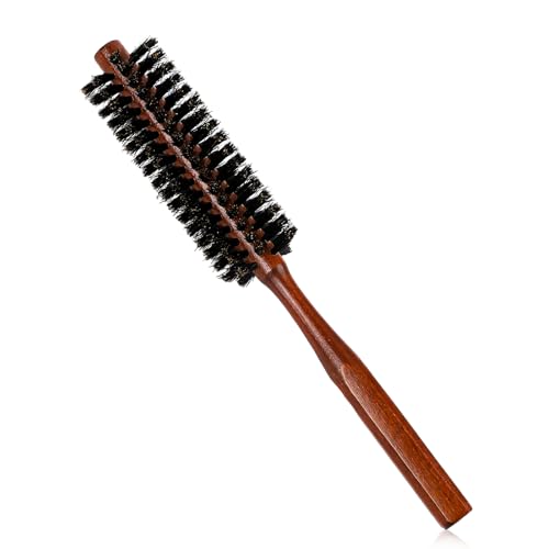 TIESOME Cepillo redondo de cerdas de jabalí, 3,2 cm, pequeño cepillo redondo de cerdas de jabalí con mango de madera natural, cepillo enrollador para mujeres y hombres para secar, peinar y rizar (rojo