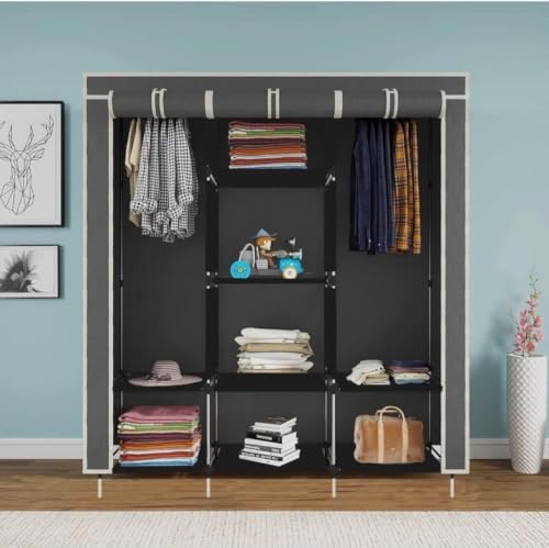 Image of Collapsible Wardrobe Closet for Clothes Storage, 8 Shelf Portable Fabric Almirah, Foldable Clothes Organizer with Plastic Frame, Space Saving Cupboard for Bedroom (Grey)