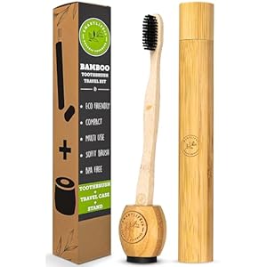 Bamboo Charcoal Toothbrush With Travel Case & Holder Kit – Extra Soft Natural Bristles For Sensitive Teeth | Eco Friendly Portable Wooden Travel Set | Organic Single Wood Toothbrushes Stand & Cover