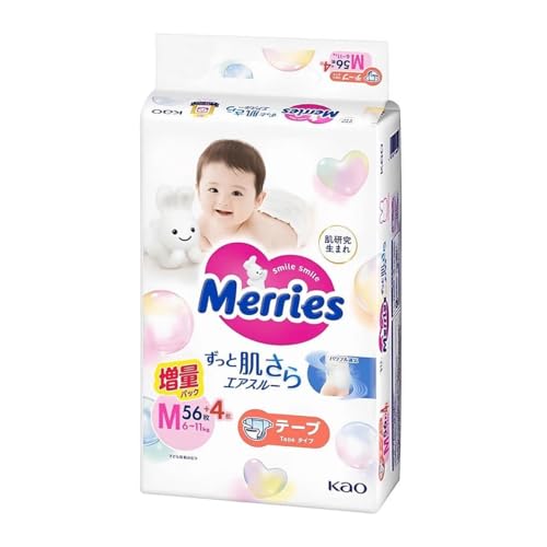 Merries Tipo de cinta, tamaño mediano, 6-11 kg (hasta 24 libras), unisex, 56+4 unidades, paquete económico, fabricado en Japón