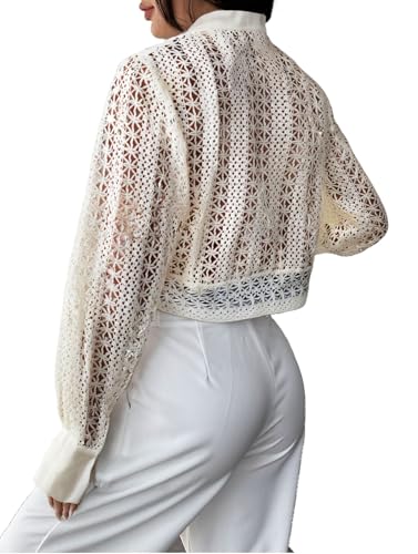 GORGLITTER Women's Sheer Casual Dressy Button Down Crop Blouse Top V Neck Long Sleeve Crochet Elegant Shirt3