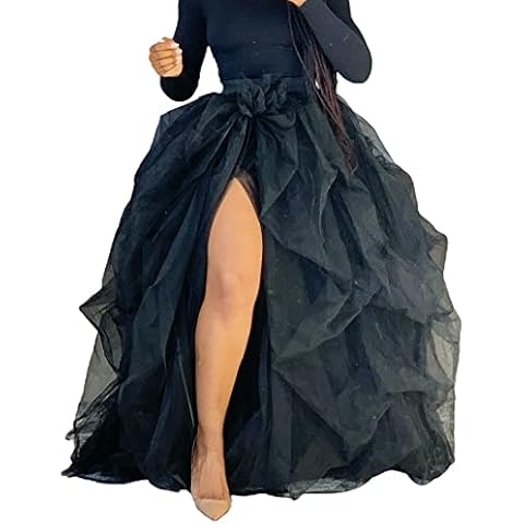 Women Maxi Tulle Tutu Floor Length Long Skirts Layered High Waist Spectial Occasion Cocktail Skirt Overskirt Overlay (A-Black, One Size) Cover