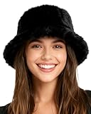 Dolkoic Winter Faux Fur Bucket Hats for Adults Fuzzy Warm Hat Woman Men Fisherman Cap for Christmas New Year Halloween Trips Sports Skiing Black