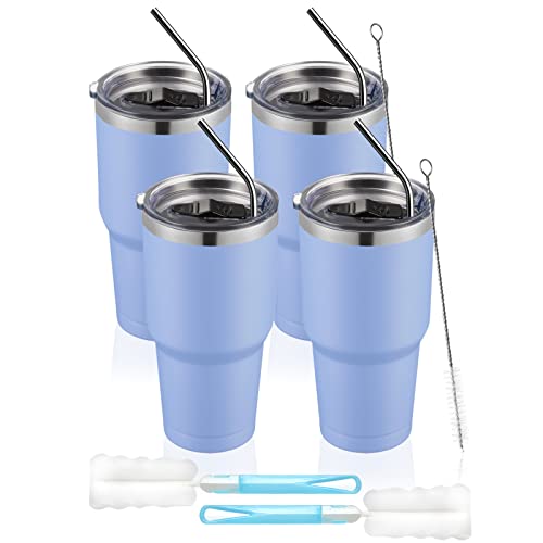 COMOOO Vaso de acero inoxidable de 30 onzas a granel con tapa y popote, vaso aislado duradero de doble pared al vacío, taza de café térmica para bebidas calientes y frías, azul, paquete de 4