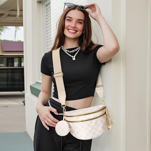 Image of WOOMADA Checkered Crossbody Bag Bum Bag for Women, Spacious Nylon Fanny with Removable Wallets(2pcs-Beige Checkerboard)