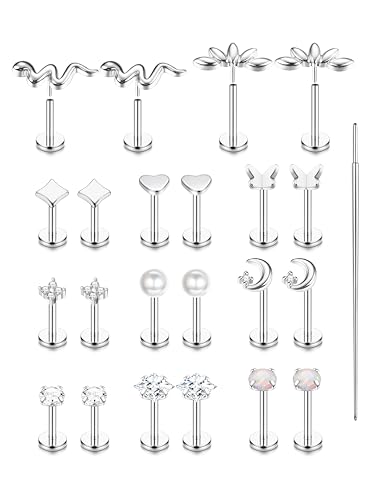 ZELORES 20G/16G Threadless Flat Back Earrings for Women 316L Surgical Steel Push in CZ Cartilage Stud Earrings Hypoallergenic Nose Rings Studs Conch Tragus Body Piercing Jewelry 6mm 7mm 8mm Length(Silver Plated-16G)