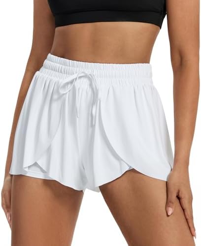 Flowy Running Shorts for Women Workout Athletic Gym Yoga Sport Active Wear Golf Hiking Bike Skort Sweat Pants Tennis Skirt with Pockets Spandex Cute Comfy Trendy Clothes Casual Summer Outfits White S image 2