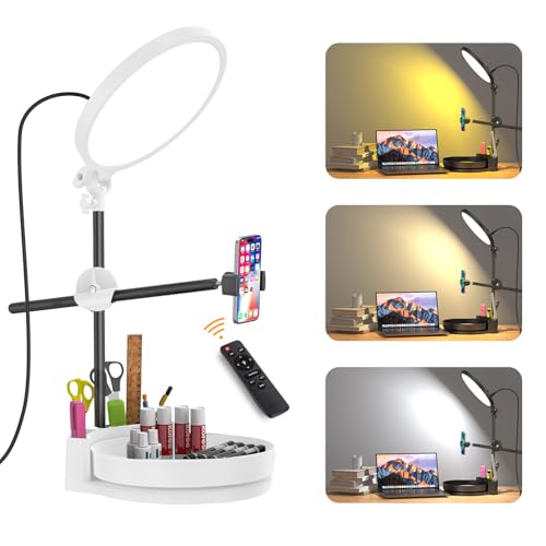 Image of Desk Ring Light with Stand,55W Dimmable Full Screen Ring Light,with Rotating Storage Box,Pen Holder Stand,Phone Holder&Controller (White, 10.5)