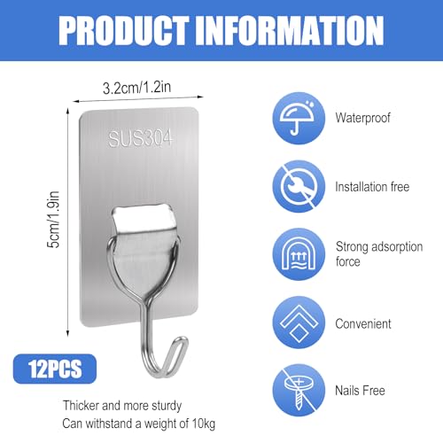 Feirdhoo Klebehaken Extra Stark, Selbstklebende Haken Edelstahl, 12 Stück Handtuchhaken ohne Bohren, Wandhaken Klebehaken Max 10 kg, Handtuchhalter Haken für Bad, Decke, Wand, Schlüssel, Kleidung