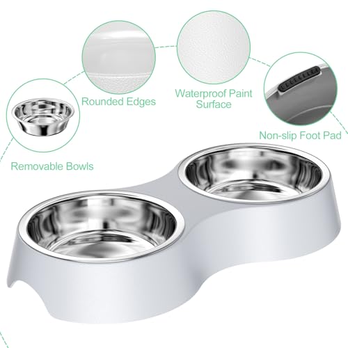Luazvilkpsar Katzennapf Grau, Futternapf Katze 2er Set Katzennapf Erhöht aus Edelstahl Futterstation rutschfeste, Katzennäpfe Abnehmbarer Fressnapf und Wassernapf für Katzen und Kleine Hunde
