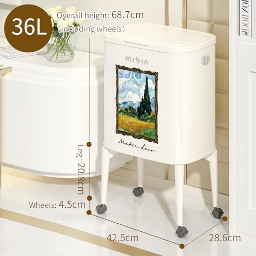 Image of MRBIN Metal Kitchen Trash Can with Wheel Legs, 36L / 9.5gal Medium Press Lid Slim Removable Waste Basket, Pet Proof Tall Narrow Garbage Pail for Vanity, Bedroom, Bathroom, Living Room, Wheatfield