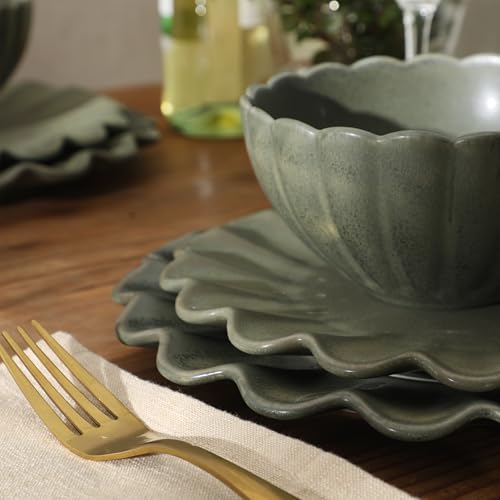 Image of Gibson Elite Bistro Fleur Plates and Bowls Sets, 12-Piece Stoneware Dinnerware Set for 4, Matte Green Scalloped Dish Set with Dinner Plates, Salad Plates & Bowls