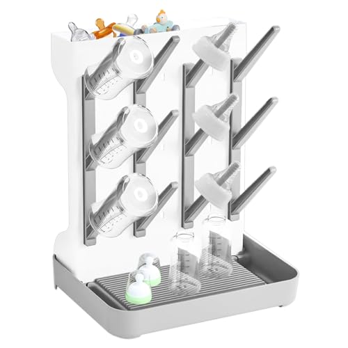 Baby Bottle Drying Rack for Newborn Feeding Essentials, Nipples and Accessories, Grey, Large