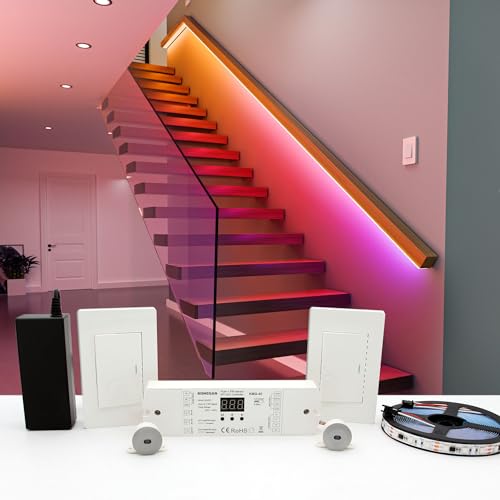KOMIGAN Motion Sensor with Daylight Sensor LED Stair Light Kit KMG-45, 16.4FT RGB Cuttable LED Strip...