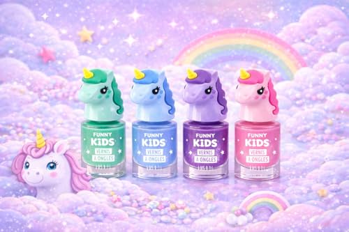 Vernis à Ongles Enfant Licorne Funny Kids – Formule à Base d’Eau – 4 Couleurs Pastel – Design Magique – Dès 3 Ans (Bleu)