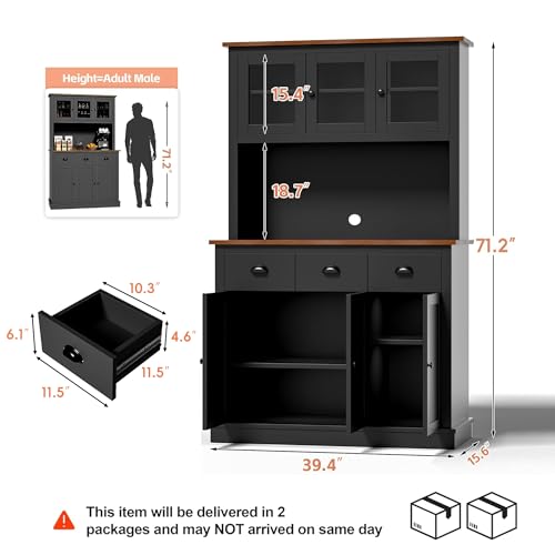 Image of MU 71 inch Kitchen Pantry Cabinet with Charging Station, Tall Pantry Hutch with Drawers, Countertop & Microwave Shelf, Food Storage Cabinet for Dining Room & Coffee Bar, Black