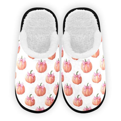 Autumn Pumpkin Pink Bow Slippers For Women Men Soft Memory Foam Non-Slip Hallowmas Winter Indoor House Shoes Travel Slipper