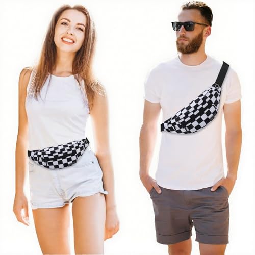 Image of MAXTOP Checkered Fanny Pack Crossbody Bag with 4-Zipper Pockets Large Belt Bag for Enjoy Festival Sports Workout Traveling Running Casual Hands-Free Waist Bag Black and White Checkered