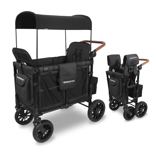 Image of WONDERFOLD W2 Luxe Stroller Wagon (2 Seater) - Collapsible Wagon Stroller with Seats with Magnetic Buckle 5-Point Harnesses and Adjustable Sun Canopy, Volcanic Black