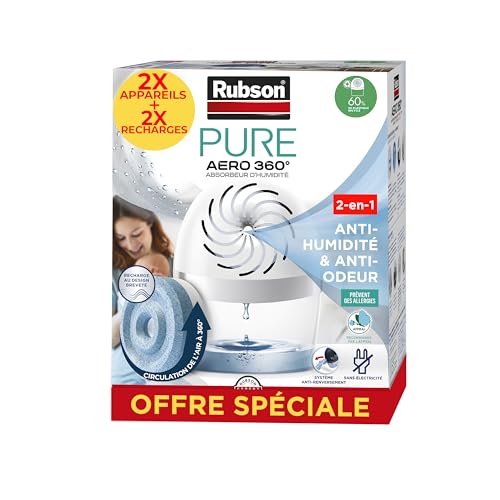 Rubson – Lot de 2 absorbeurs d'humidité AERO 360° Pure (2 appareils + 2 recharges) – Assainisseurs et déshumidificateurs d’air...