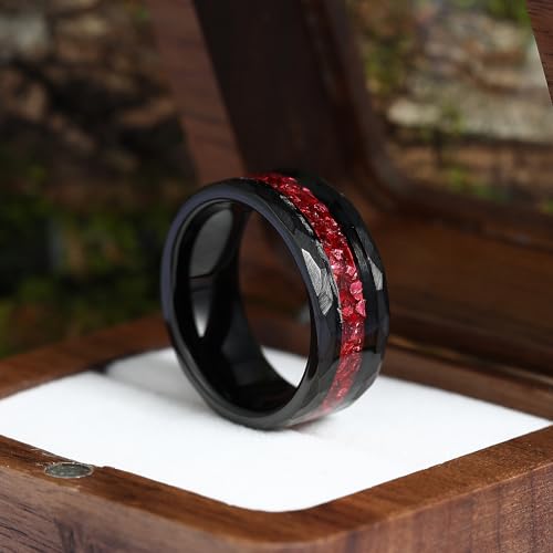 Irroya 8Mm Ruby Black Gold Plated Hammered Tungsten Rings For Men - Gothic Ruby Men'S Tungsten Wedding Bands thumb #2