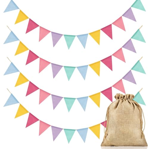 Alintor Bunting Outdoor Waterproof, Ve Day Bunting, 48 Flags Bunting Banner, Pastel Bunting, Imitated Linen Flags for Birthday, Garden, Party, Mothers Day, Spring decorations