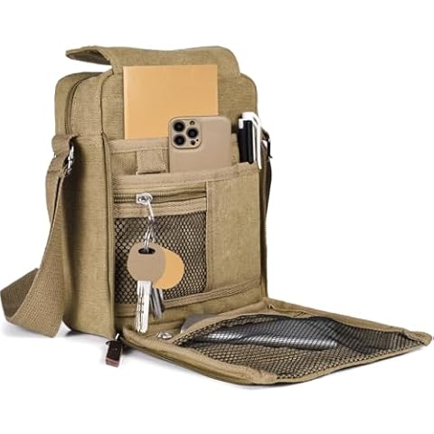 CAAORDKSO Small Canvas Messenger Bag Chest Bag Travel Bag, Mini Crossbody Bag Shoulder Bag for Men Women Multi Pocket Purses (Khaki) Cover