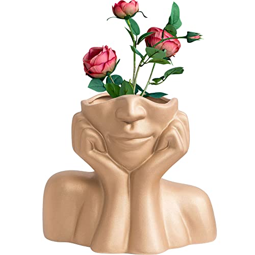 Kelendle Face Vase - Golden Flower Head Vase, Ceramic Boho