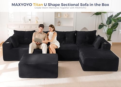 Image of MAXYOYO 132 inch Giant U-Shaped Modular Sectional Couch, Modern Boneless Couch for Living Room, Sofa in A Box, Oversized Sofa with Deep Seat, No Assembly Required, Black