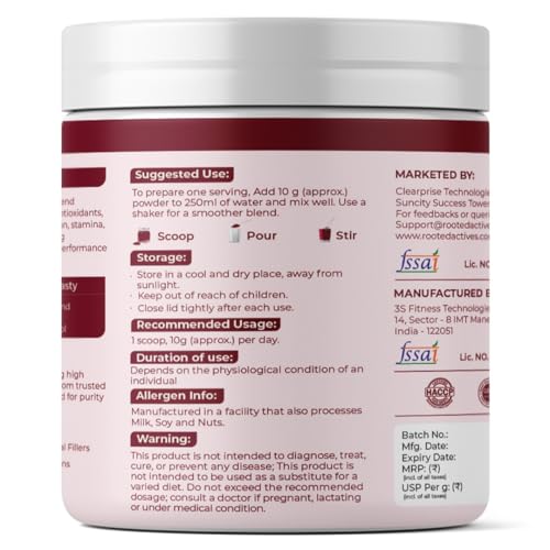 Image of Rooted Actives Power Beets | Beetroot Powder with BCAAs, L-Arginine, L-Carnitine & Resveratrol | Watermelon Mint Flavour | Zero Added Sugar | 5-in-1 Superfoods Blend | 25 Servings | 250g | Powder