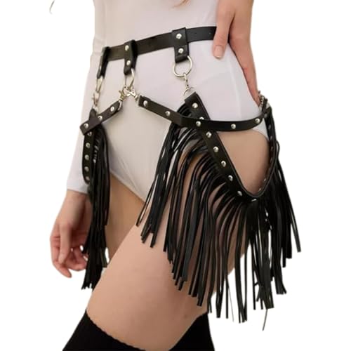 Women Sexy Punk PU Leather Belts Tassel Rave Body Chain Harness Accent Piece Double Straps with Fringe Rivet Skirt3