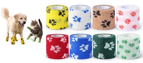 Image of Dog Bandage Cohesive Wrap for Paw & Leg | 5cm x 4.5m - Pack of 8 | Easy Tear, Fur Safe | Self Adhesive Elastic Vet Tape for Walking Protection, Wound Care & Licking Prevention Bandage Roll