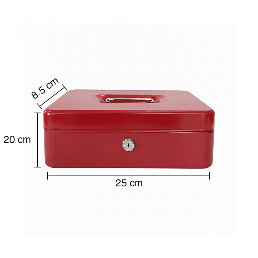 oddpod™ DL Metal Cash Box & Jewelry Safe Locker with Plastic Coin Tray & Key Lock - Large (Red) 1