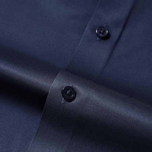 YFFUSHI Men's Glossy Shirt Solid Regular Fit Long-Sleeved Casual Button Down Shirts Navy Blue — view 4