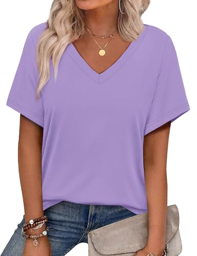 Alaroo Tshirts Shirts for Women Dressy Casual Short Sleeve Lilac Tunic Tops V Neck Summer Outfits Fashion Clothing Lavender L