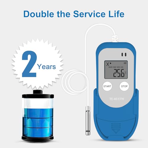 ThermElc TE-03 ETH Externer Datenlogger Temperatur Luftfeuchtigkeit mit Externer Sonde, MKT-Berechnung, 32.000 Punkte, Automatische PDF/CSV-Erstellung, Wiederverwendbarer USB-Recorder für Labore