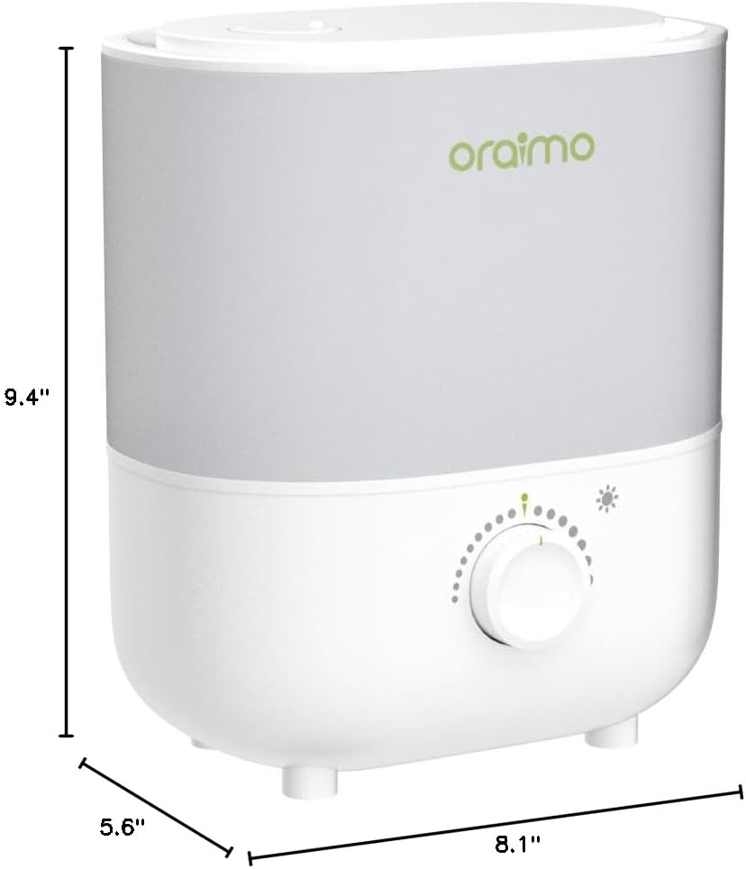 Dimensions of Oraimo OHM-U02 Humidifier: 9.4 inches height, 8.1 inches width, 5.6 inches depth.
