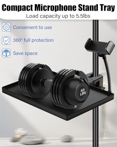 BILIONE Mic Stand Tray with Gooseneck Phone Holder, 10.6\" X 7.8\" Microphone Stand Tray Crab Clamp On Music Stand Floor Shelf Pole Mount, Karaoke Accessories