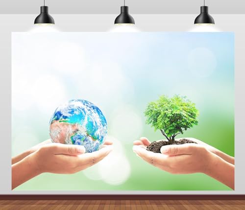 CORFOTO 7x5ft Earth Day Concept Backdrop Holding The Earth in Hands Environmental Protection Publicity Backdrop Green Environmental Protection Concept Backdrop School Event Kids Party Decor