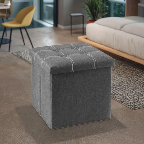 Image of HROY Foldable Storage Ottoman Cube and Toy Box with Cushion Lid - Collapsible Footrest Stool with Hidden Storage Box for Living Room, Playroom, Bedroom & Office (38L x 38W x 38H cm)(Grey, Square)