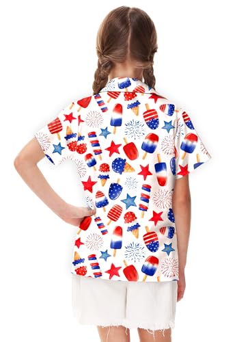 Image of Remimi Unisex Kids 4th of July Button Up Shirt Boys American Flag Print Hawaiian Beach Short Sleeve Tops 5-14 Years
