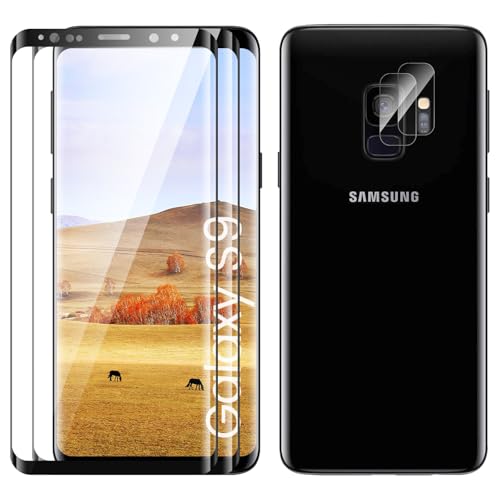 Protector Pantalla para Samsung Galaxy S9, Caso Amistoso, Sin Burbujas, Anti-Scratch, Sensible al Tacto, Ultra HD, 2 Pack Vidrio Templado y 2 Pack Protector de Lente de Cámara