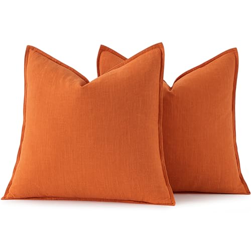 Image of MIULEE Decorative Linen Pillow Covers 18x18 Inch Orange ​Boho Farmhouse​ ​Neutral Couch Throw Pillows for Bed Pack of 2 Accent Modern Pillowcase Summer Sofa Livingroom Home Decor